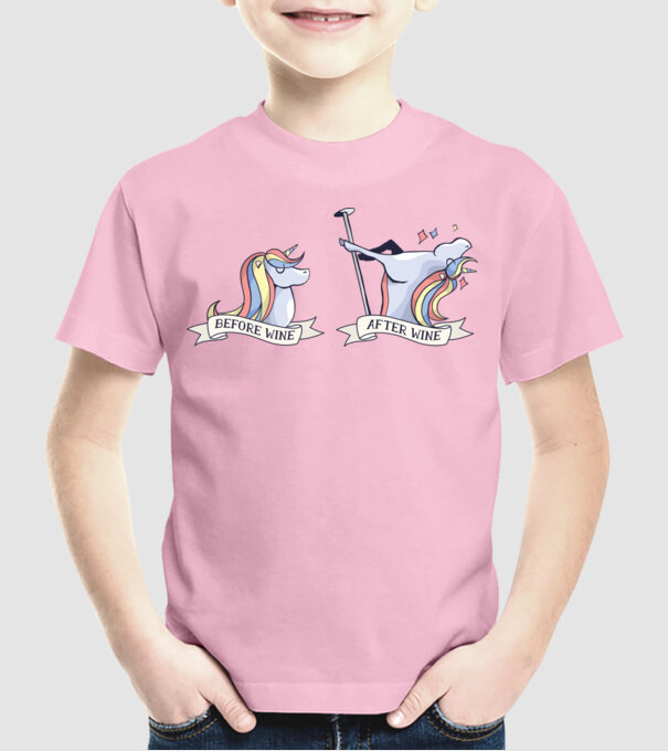 Înainte și după vin Unicorns model roz deschis pe tricou