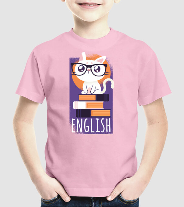 Pisică cu cărți model roz deschis pe tricou