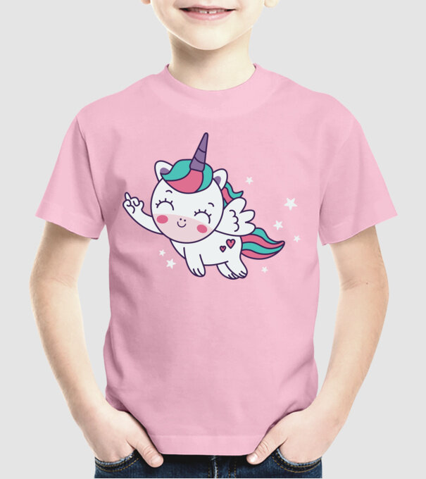 Unicorn drăguț arată degetul model roz deschis pe tricou