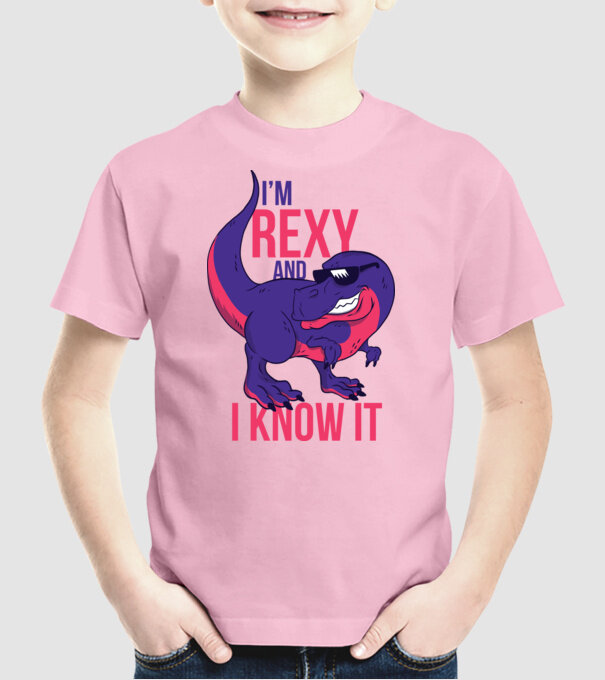 'I''m Rexy and I know it - tricou dinozaur amuzant' model roz deschis pe tricou