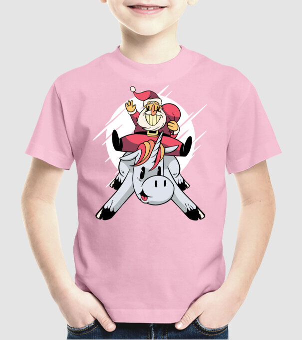 Moș Crăciun pe unicorn model roz deschis pe tricou