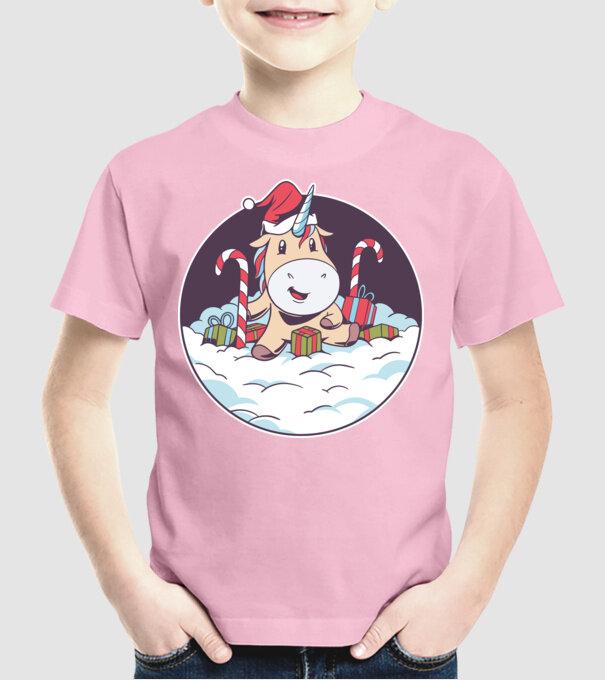 Unicorn Moș Crăciun cu cadouri model roz deschis pe tricou