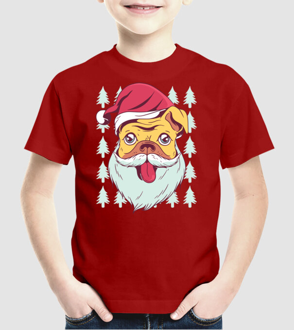 Tricou Crăciun Mops model roșu pe tricou