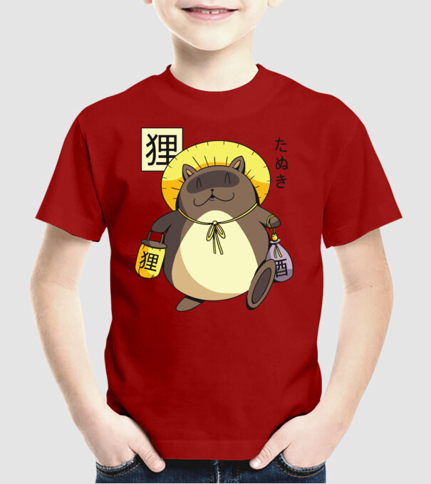 Tanuki Yokai model roșu pe tricou