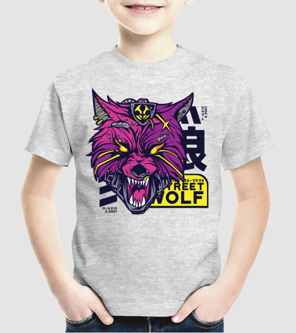 Cap de lup Cyberpunk model gri pe tricou