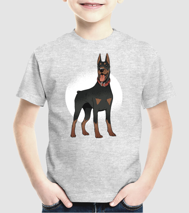 Tricou cu câine dobermann model gri pe tricou