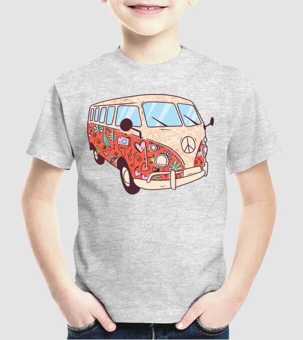 Tricou microbuz hippi retro model gri pe tricou