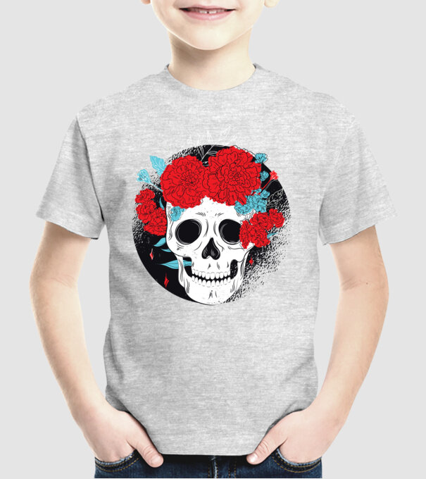 Craniu cu flori model gri pe tricou
