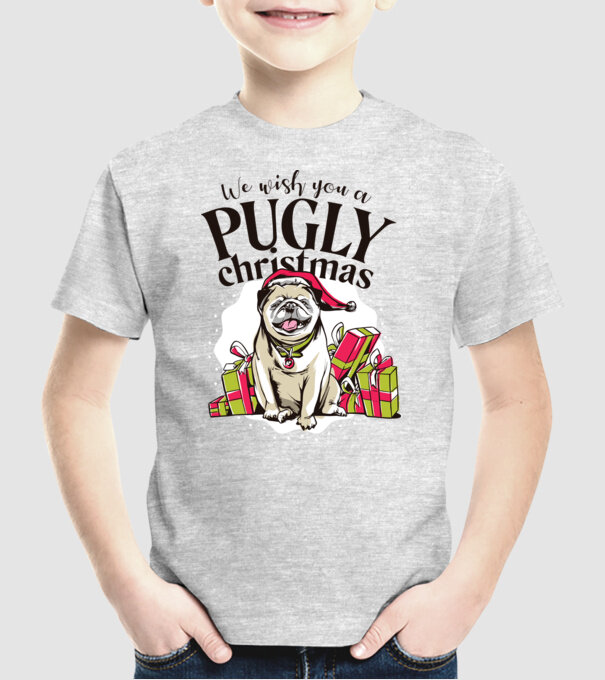 We wish You a Pugly Christmas tricou cu mops model gri pe tricou