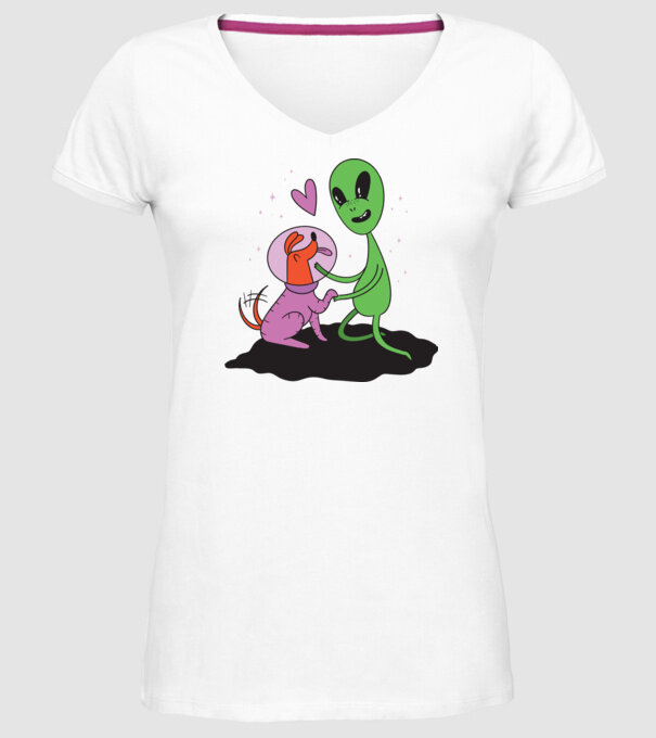 Alien cu câine model alb pe tricou