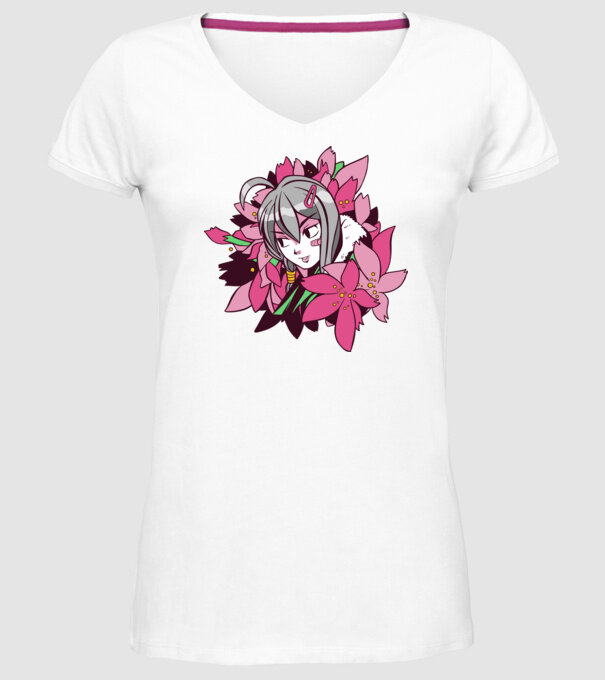 Anime fată printre flori model alb pe tricou