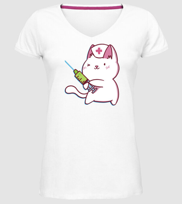 Pisică asistent medical cu vaccin model alb pe tricou