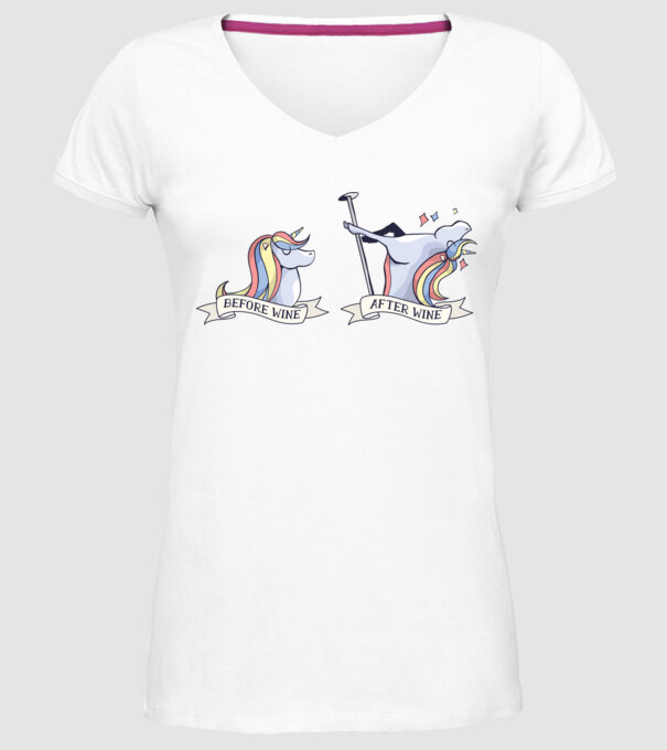 Înainte și după vin Unicorns model alb pe tricou