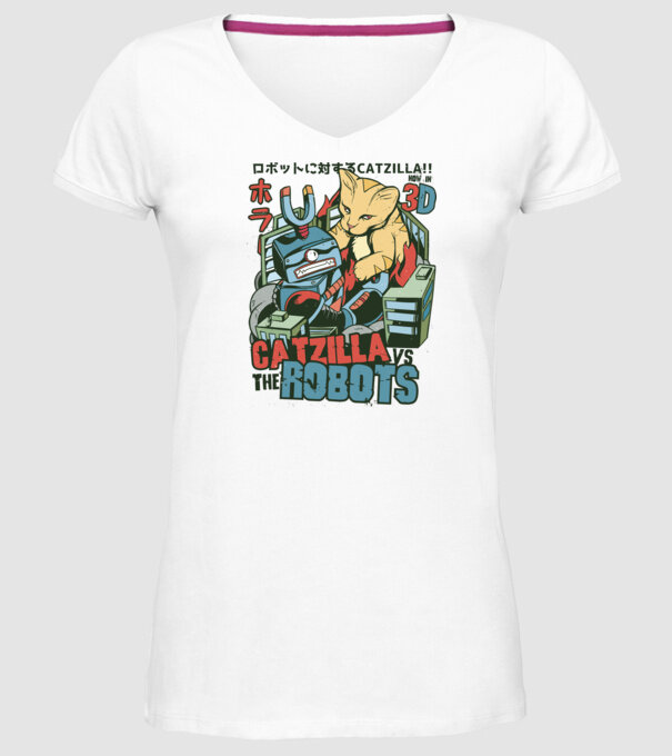 Catzilla Vs Robots model alb pe tricou