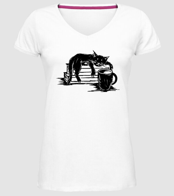 Pisică și cafea model alb pe tricou