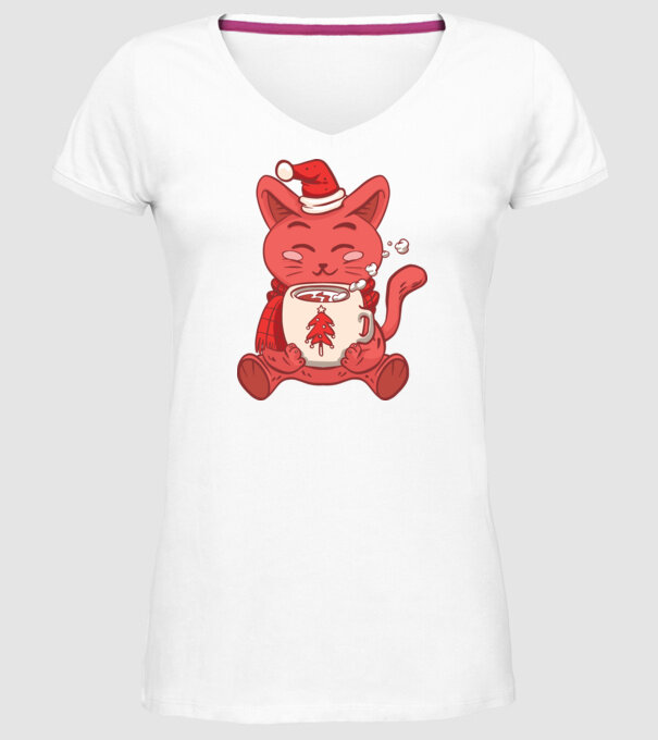 Pisică cu ciocolată caldă model alb pe tricou