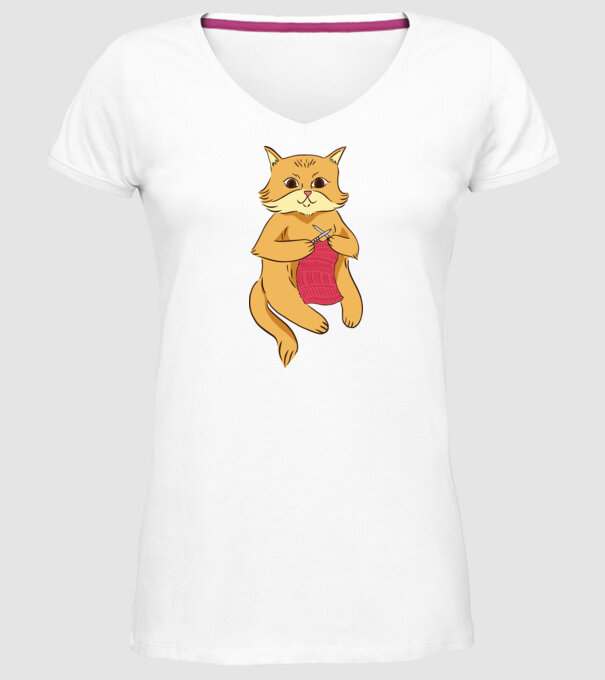 Pisică croșetând model alb pe tricou