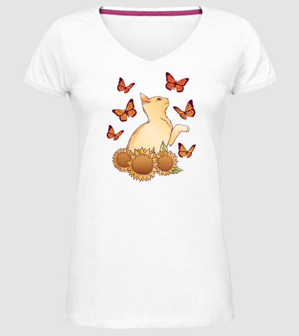 Pisică cu fluturi model alb pe tricou