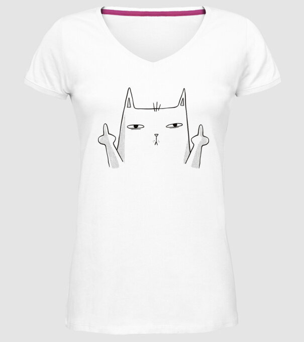 Pisică desen arată degetul model alb pe tricou