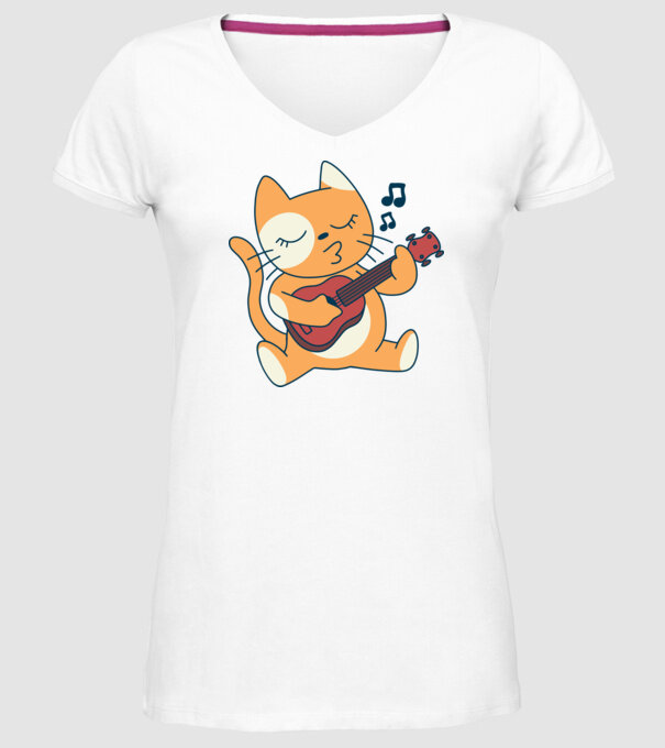Pisică chitară Ukulele model alb pe tricou