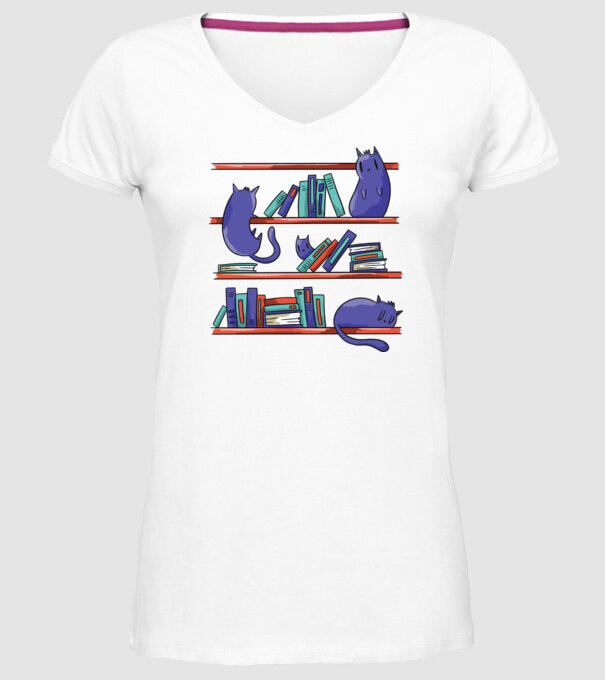 Pisici pe raftul de cărți model alb pe tricou
