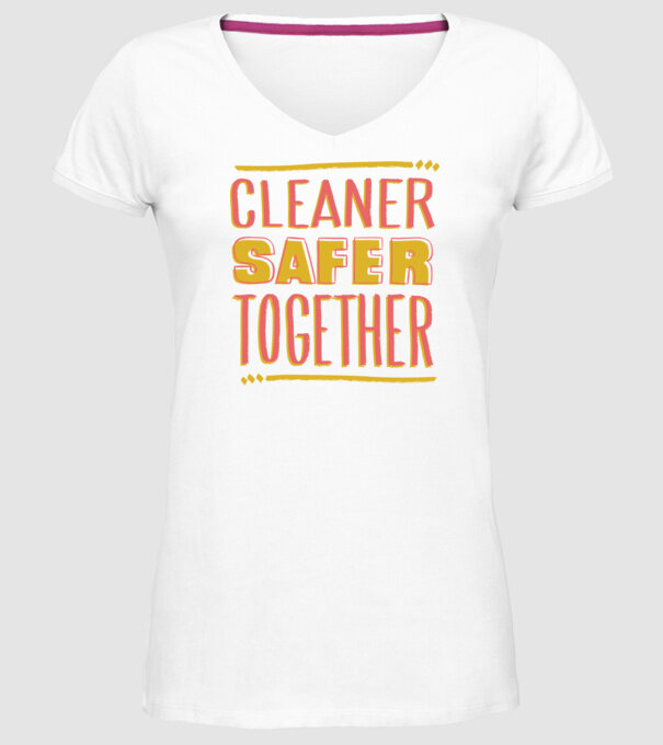 Cleaner Safer Together model alb pe tricou