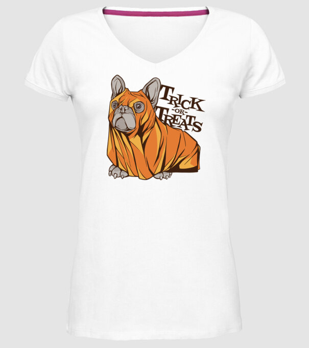 Trick or Treat Mops Halloween model alb pe tricou