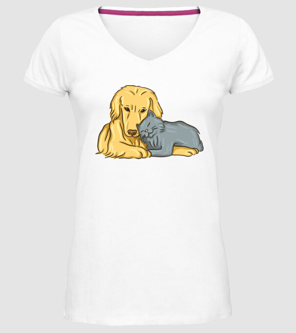 câine pisică drăguță împreună model alb pe tricou