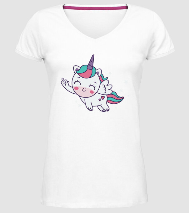 Unicorn drăguț arată degetul model alb pe tricou