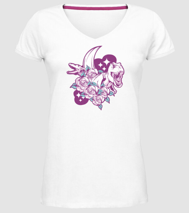 Dinozaur cu trandafiri model alb pe tricou