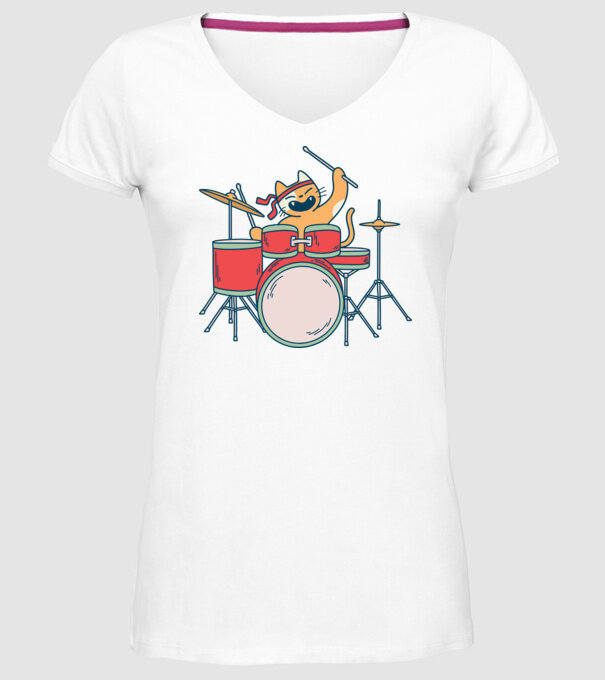 Pisică Baterist model alb pe tricou
