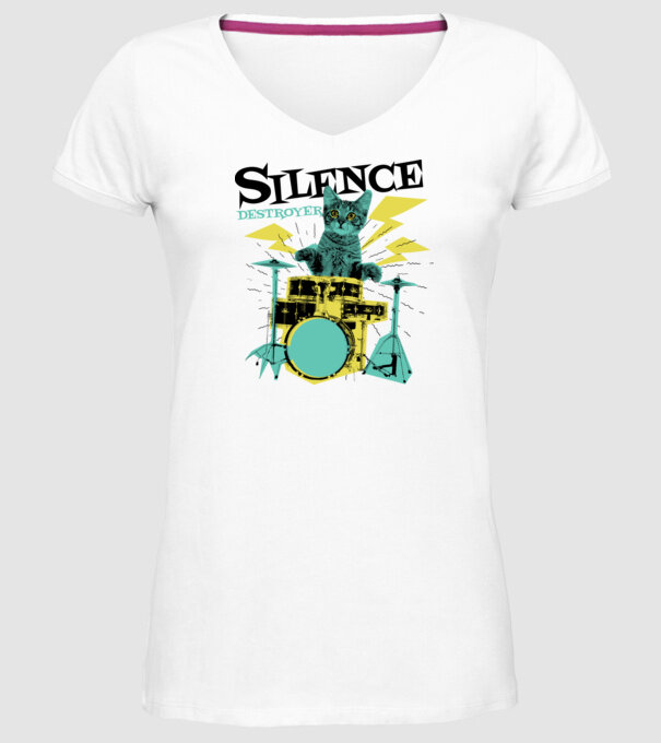 Pisică Baterist - Silence Destroyer model alb pe tricou