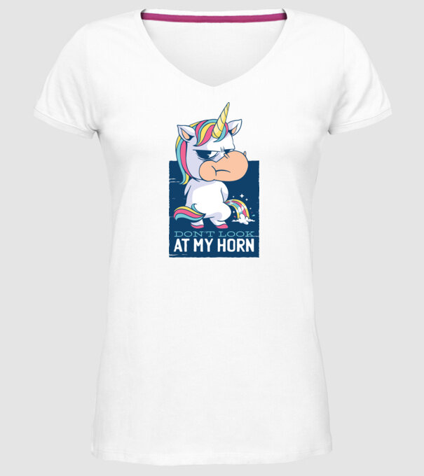 'Don''t look at my horn tricou amuzant unicorn' model alb pe tricou
