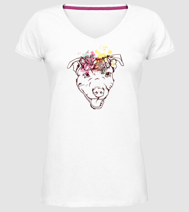 Floral Pitbull model alb pe tricou