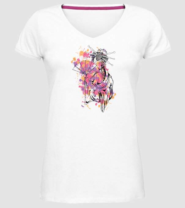 Geisha cu evantai model alb pe tricou