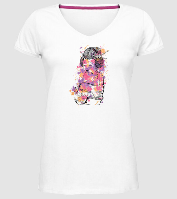 Geisha colorată model alb pe tricou
