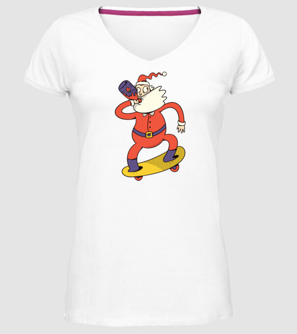 Moș Crăciun Skateboarder model alb pe tricou