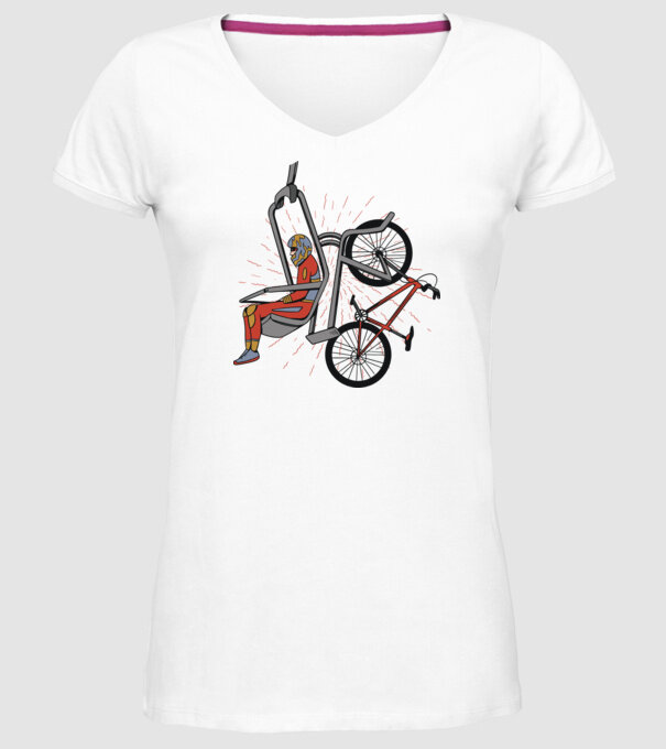 Biciclist montain bike pe teleferic model alb pe tricou