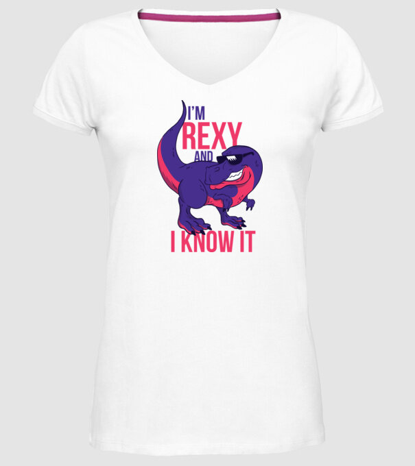 'I''m Rexy and I know it - tricou dinozaur amuzant' model alb pe tricou