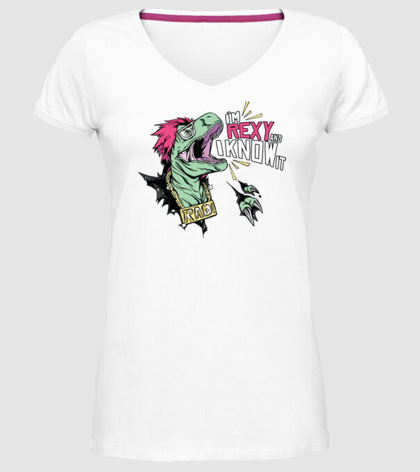 'I''m Rexy and I know it - tricou dinozaur amuzant' model alb pe tricou