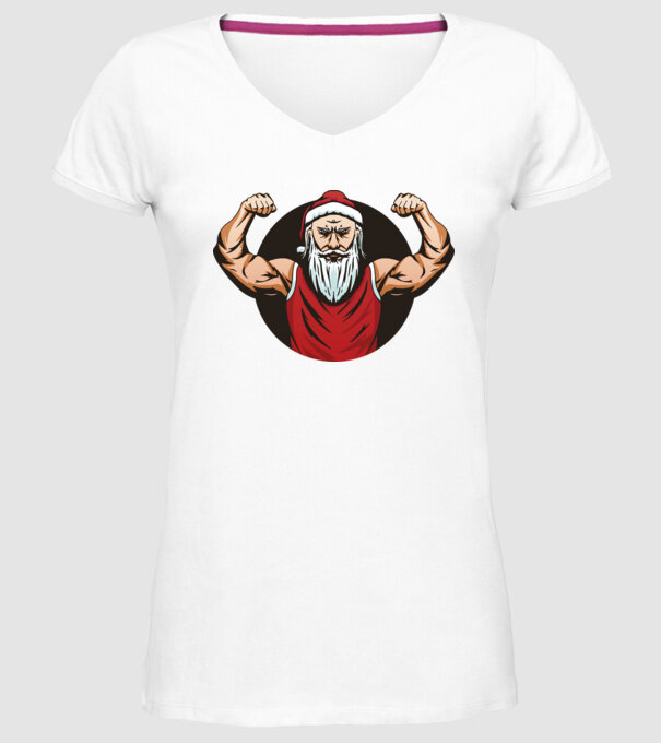 Moș Crăciun musculos model alb pe tricou