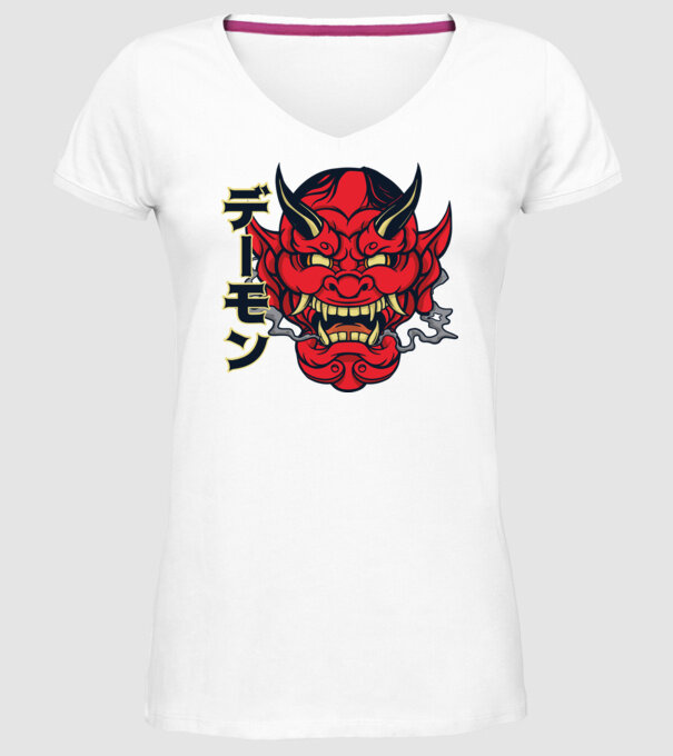 Mască demon chinez model alb pe tricou