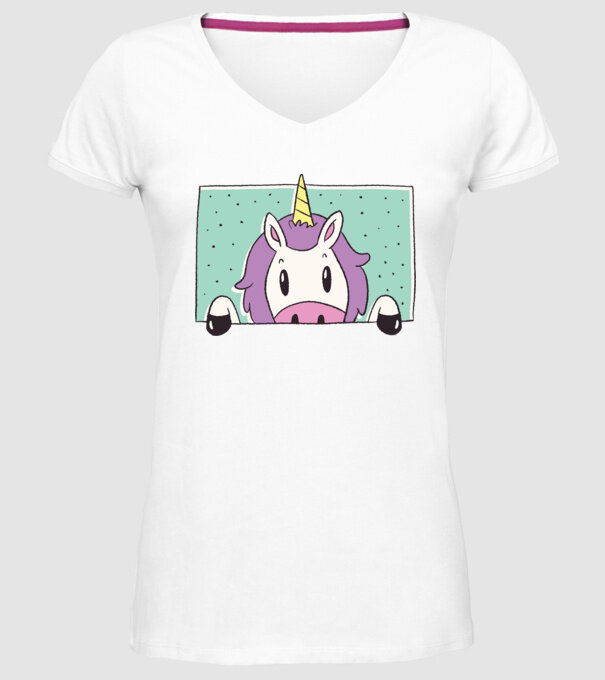 Unicorn curios model alb pe tricou