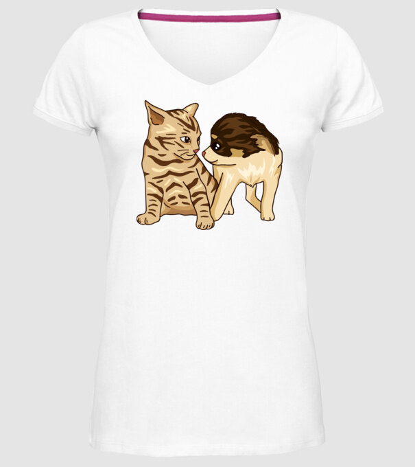 cuplu drăguț câine și pisică model alb pe tricou