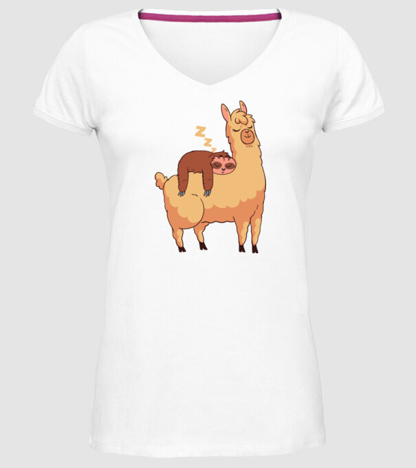 Leneș dormind pe Llama model alb pe tricou