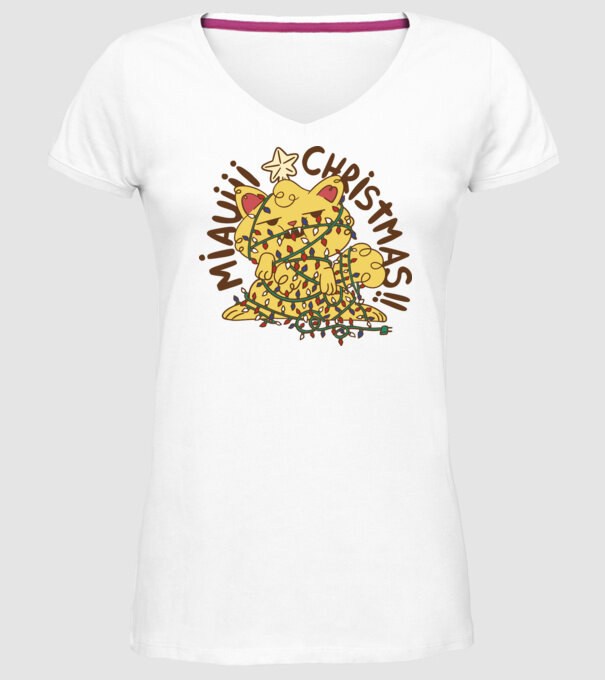 Miauiii Crăciun cu pisică model alb pe tricou
