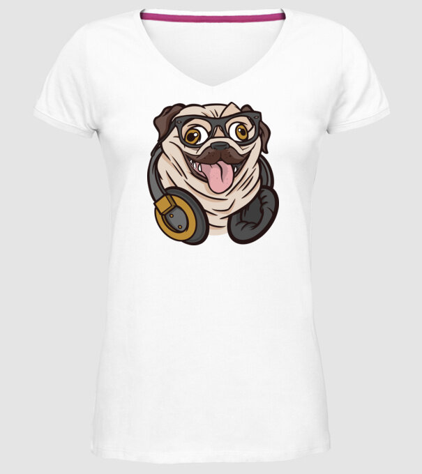 Mops cu căști model alb pe tricou