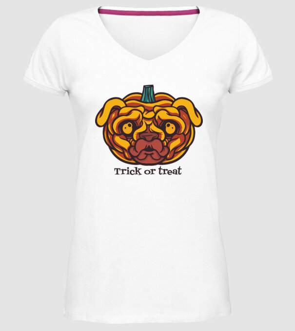 Mops cap de dovleac Halloween model alb pe tricou