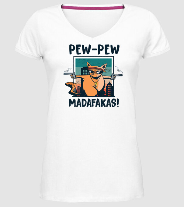 Pew Pew Pew Madafakas Pisică dark model alb pe tricou