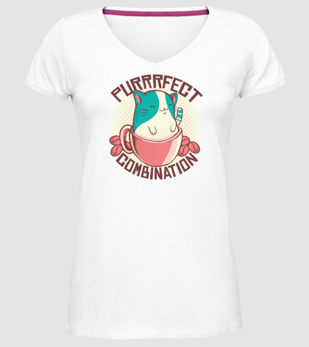 Purrrfect Combination Cafea cu pisică model alb pe tricou